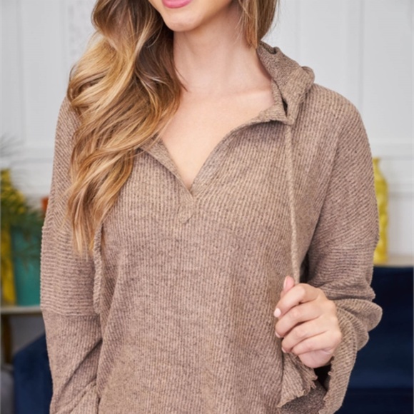 Mocha Ribbed hooded top - Picture 3 of 12
